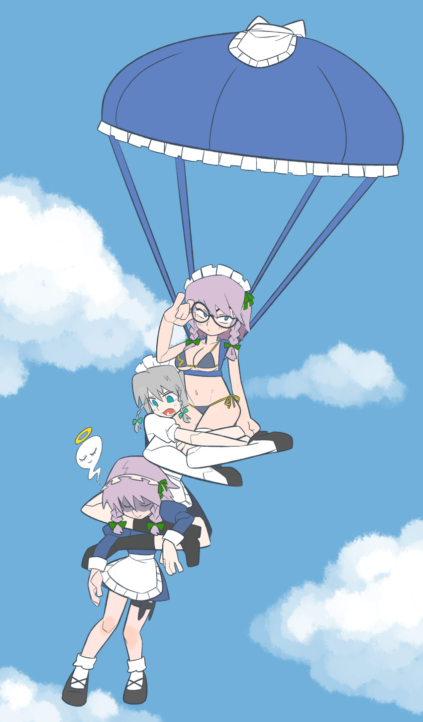 3girls absurdres adjusting_eyewear aika_(cookie) apron bangs bikini black-framed_eyewear black_bikini black_footwear blue_dress blue_eyes blue_sky bow breasts cleavage closed_eyes closed_mouth cloud commentary_request cookie_(touhou) dress frilled_dress frills full_body genpatsu_(cookie) giving_up_the_ghost green_bow green_ribbon grey_hair hair_bow hair_ribbon halo highres izayoi_sakuya juliet_sleeves long_sleeves looking_at_another maid maid_headdress medium_breasts medium_hair multiple_girls navel open_mouth parachute puffy_sleeves ribbon round_eyewear ryuuga_(cookie) scotch_(cookie) shoes short_hair side-tie_bikini sky socks swimsuit thighhighs touhou waist_apron white_apron white_legwear