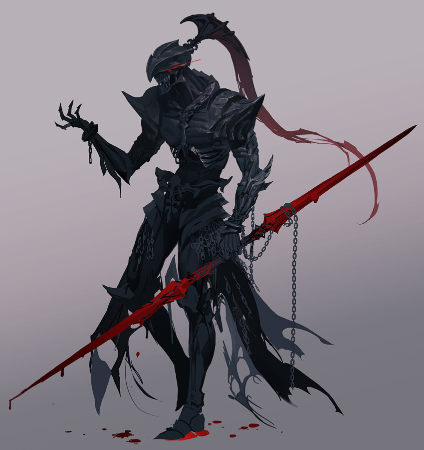 1boy abs armor armored_boots black_armor black_theme blood boots chain claws foot_up full_body glowing glowing_eyes grey_background helm helmet highres holding holding_weapon male_focus okku original pauldrons sharp_teeth shoulder_armor solo standing teeth torn_clothes weapon