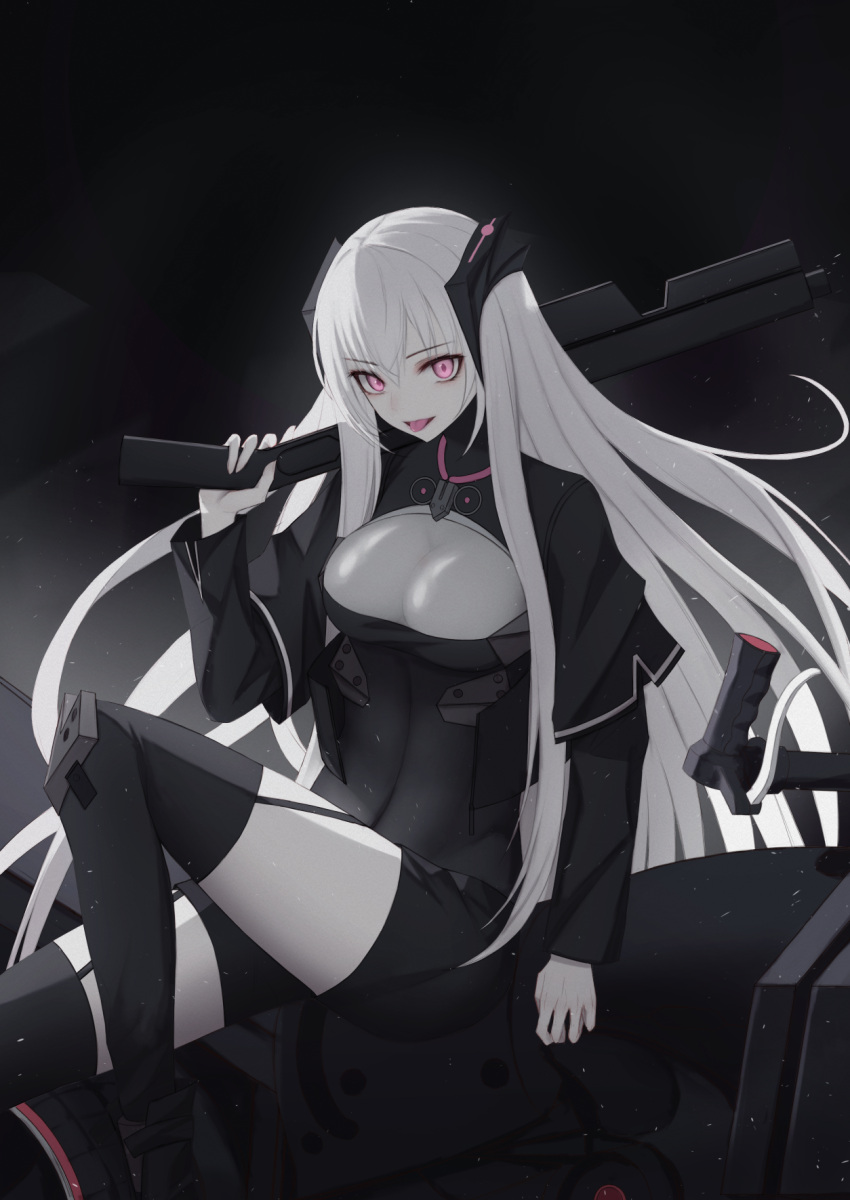 1girl bangs beak_(girls'_frontline) black_jacket black_legwear breasts cleavage eyebrows_visible_through_hair garter_straps girls'_frontline ground_vehicle hair_ornament highres holding holding_weapon jacket large_breasts long_hair looking_at_viewer motor_vehicle motorcycle purple_eyes sangvis_ferri silver_hair simple_background sitting solo thighhighs thomas_8000 tongue tongue_out weapon white_hair