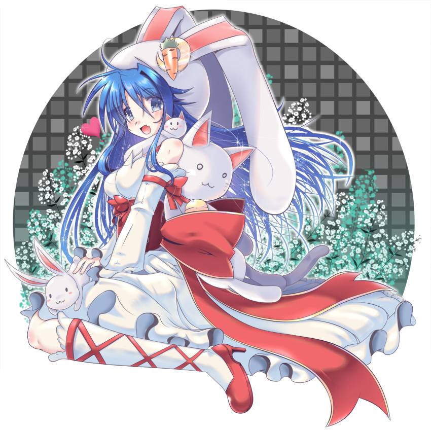 1girl :3 animal_around_neck animal_ears bangs blue_eyes blue_hair blush bow breasts bunny carrot_hat_ornament cat commentary_request corset crescent crescent_hat_ornament detached_sleeves dress eyebrows_visible_through_hair fake_animal_ears fang flower frilled_dress frilled_sleeves frills full_body hair_between_eyes hat_ornament heart high_heels highres kneehighs large_bow long_hair looking_at_viewer looking_to_the_side medium_breasts official_alternate_costume open_mouth rabbit_ears ragnarok_online red_bow red_footwear sitting skin_fang sleeveless sleeveless_dress smile solo tanono wanderer_(ragnarok_online) white_dress white_flower white_legwear white_sleeves wide_sleeves