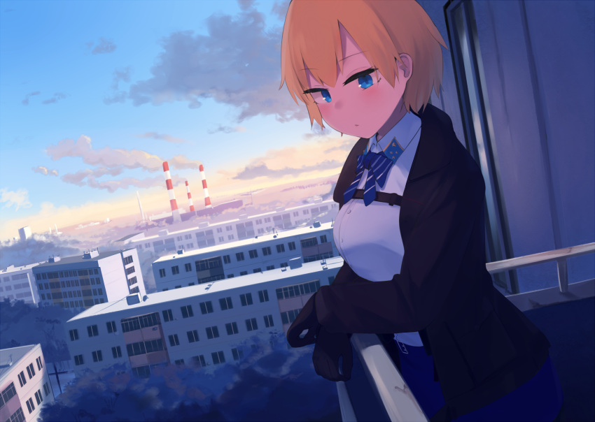 1girl black_gloves black_jacket blonde_hair blue_eyes blue_skirt blush bow bowtie crossed_arms eyebrows_visible_through_hair feet_out_of_frame girls'_frontline gloves highres hinami047 jacket looking_at_viewer medium_hair open_clothes open_jacket russia scenery shirt shoulder_strap skirt solo standing vsk-94_(girls'_frontline) white_shirt