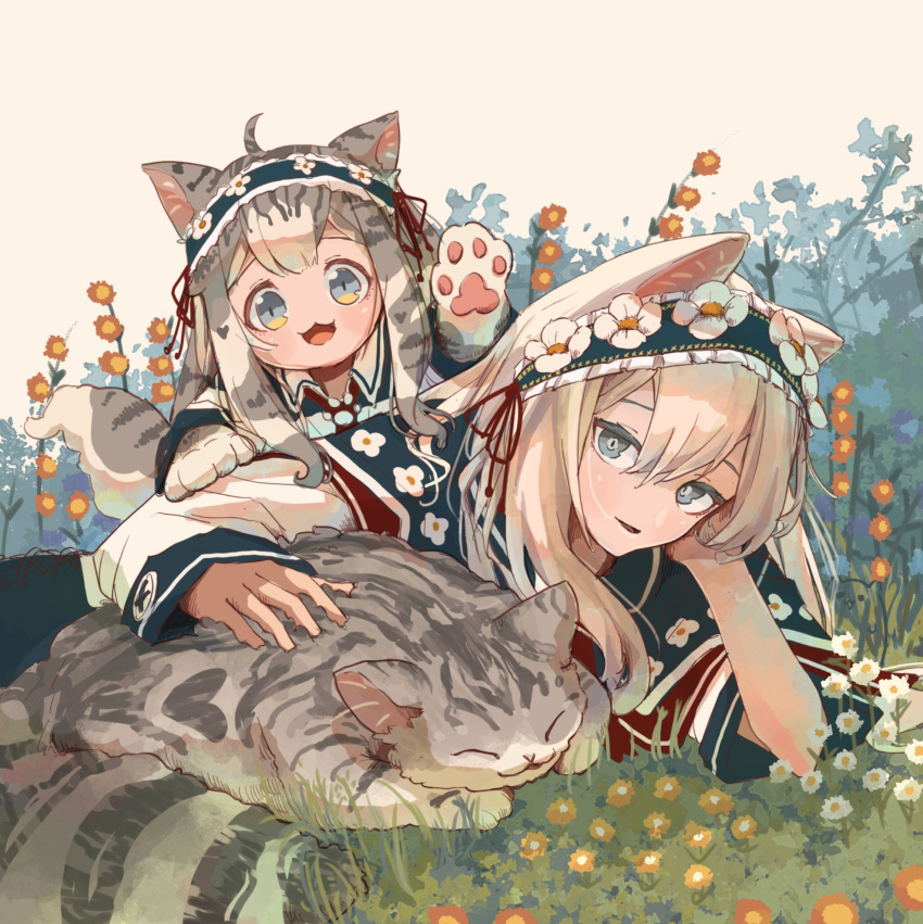 2girls :3 :d ahoge animal_ears animal_hands aqua_capelet blonde_hair blue_eyes blush capelet cat cat_ears cat_paws cat_tail commentary_request flower foliage grass grey_cat grey_hair hair_between_eyes hairband hand_on_own_cheek hand_on_own_face head_rest highres long_hair long_sleeves looking_at_viewer lying multiple_girls multiple_sources oimo_imoo on_grass on_side open_mouth original parted_lips red_flower red_neckwear slit_pupils smile sploot tail white_flower wing_collar yellow_flower