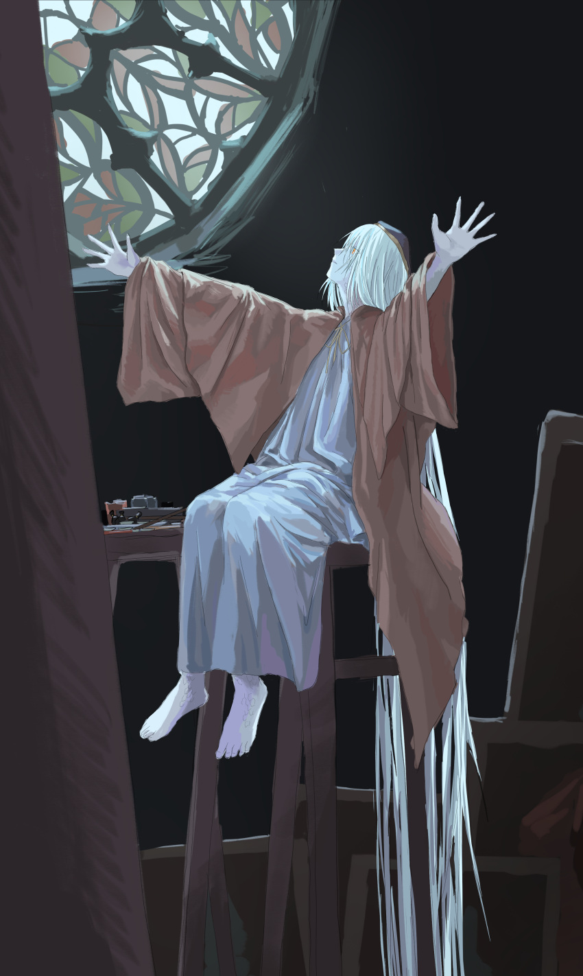 124802546 1girl absurdly_long_hair absurdres barefoot chair dark_souls_(series) dark_souls_iii highres long_hair painting_woman sitting stained_glass very_long_hair white_hair window yellow_eyes