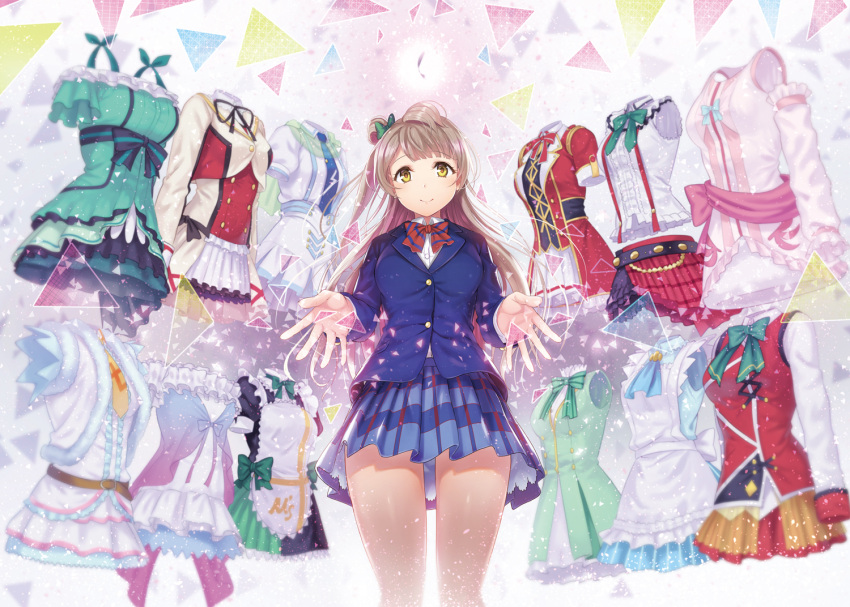 1girl blazer blue_jacket blue_skirt bokura_no_live_kimi_to_no_life bokutachi_wa_hitotsu_no_hikari bow bowtie brown_hair closed_mouth collared_shirt cowboy_shot dress_shirt hair_ribbon hair_rings jacket kira-kira_sensation! kitiroku korekara_no_someday long_hair long_sleeves looking_at_viewer love_live! love_live!_school_idol_project minami_kotori miniskirt mogyutto_"love"_de_sekkin_chuu! no_brand_girls one_side_up otonokizaka_school_uniform plaid plaid_skirt pleated_skirt red_neckwear ribbon school_uniform shirt skirt smile snow_halation solo sore_wa_bokutachi_no_kiseki start:dash!! striped striped_neckwear sunny_day_song white_shirt winter_uniform wonderful_rush yellow_eyes yume_no_tobira