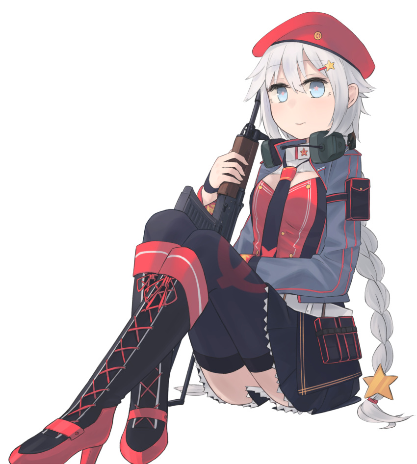 +_+ 1girl beret black_footwear black_legwear black_neckwear black_skirt blue_eyes blue_jacket boots braid breasts closed_mouth cross-laced_footwear crossed_legs eyebrows_visible_through_hair flower-shaped_pupils girls'_frontline hair_ornament hairclip hat hat_ornament headphones headphones_around_neck highres hinami047 holding holding_weapon jacket lace-up_boots long_hair looking_at_viewer low_twintails necktie on_floor open_clothes open_jacket ots-12 ots-12_(girls'_frontline) red_headwear russian_flag silver_hair skirt solo soviet_flag star-shaped_pupils star_(symbol) star_hair_ornament star_hat_ornament symbol-shaped_pupils thighhighs twin_braids twintails weapon white_background
