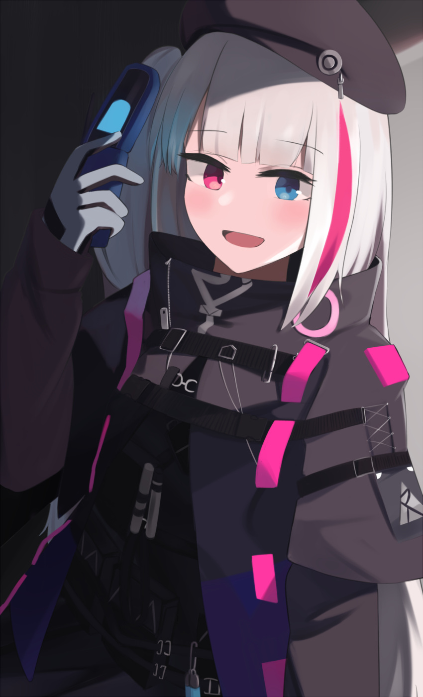 1girl beret black_jacket blue_eyes blush eyebrows_visible_through_hair girls'_frontline gloves hat heterochromia highres hinami047 holding holding_phone jacket long_hair looking_at_viewer mdr_(girls'_frontline) multicolored_hair open_mouth phone pink_eyes silver_hair simple_background smile solo white_gloves