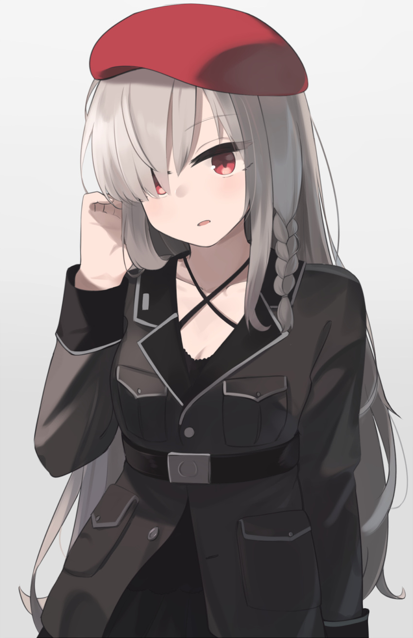 1girl :o belt beret black_jacket braid breasts eyebrows_visible_through_hair g36c_(girls'_frontline) girls'_frontline grey_hair hair_over_one_eye hand_in_hair hat highres hinami047 jacket long_hair looking_at_viewer military military_uniform red_eyes red_headwear solo standing uniform white_background