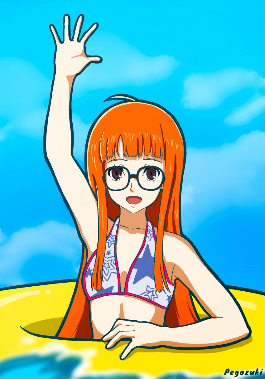 1girl ahoge arm_up artist_name bangs bikini blue_sky blunt_bangs cloud cloudy_sky glasses hand_up happy highres hime_cut innertube long_hair open_mouth orange_hair pegozuki persona persona_5 persona_5_scramble:_the_phantom_strikers sakura_futaba seaport_princess simple_background sky smile solo star_(symbol) star_print swimming swimsuit waving white_bikini yellow_innertube