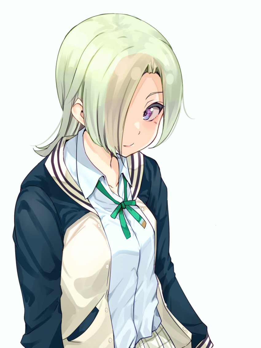 :/ bangs bow green_bow hair_over_one_eye highres jacket letterman_jacket looking_at_viewer loose_necktie love_live! love_live!_nijigasaki_high_school_idol_club mia_taylor narrowed_eyes necktie school_uniform shirt shirt_tucked_in skirt white_shirt white_skirt winter_uniform yamasonson