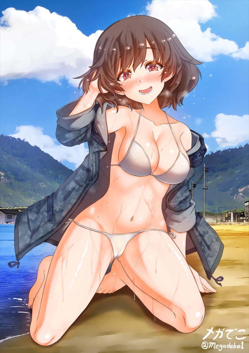 1girl akiyama_yukari aquaegg artist_name bangs barefoot beach bikini blue_coat blue_sky blush breasts brown_eyes brown_hair cloud cloudy_sky coat crotch_seam day droplet eyebrows_visible_through_hair full_body girls_und_panzer half-closed_eyes halterneck hand_in_hair highres hooded_coat kneeling leaning_to_the_side looking_at_viewer medium_breasts messy_hair mountain navel no_pants open_clothes open_coat open_mouth power_lines short_hair side-tie_bikini signature sky smile solo string_bikini swimsuit twitter_username utility_pole water wet white_bikini