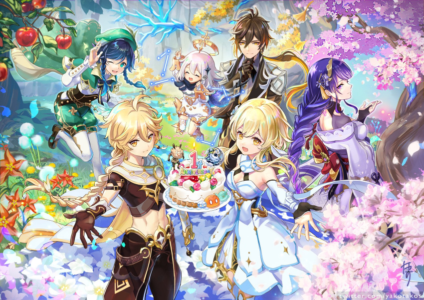 3boys 3girls abyss_mage_(genshin_impact) aether_(genshin_impact) aho androgynous apple aratakosu_(tako's) argyle argyle_legwear back_tattoo bangs bare_shoulders beret black_gloves black_hair blonde_hair blue_hair bow braid branch breasts bridal_gauntlets brother_and_sister brown_hair cake cape cherry_blossoms cleavage closed_mouth collared_cape collared_shirt commentary_request constellation corset crop_top dandelion detached_sleeves dress earrings eyebrows_visible_through_hair falling_leaves falling_petals feathers flower food formal frilled_sleeves frills from_above fruit genshin_impact ginkgo_leaf gloves gradient_hair green_eyes green_headwear green_shorts hair_between_eyes hair_flower hair_ornament halo hand_on_own_chin hat hat_flower highres hilichurl_(genshin_impact) jacket japanese_clothes jewelry kimono large_breasts leaf light_particles long_hair long_sleeves looking_at_viewer lumine_(genshin_impact) midriff mole mole_under_eye multicolored_hair multiple_boys multiple_girls navel necktie obi obiage obijime one_eye_closed open_mouth orange_hair paimon_(genshin_impact) pantyhose petals pinwheel ponytail purple_eyes purple_flower purple_hair purple_nails raiden_shogun red_flower ribbon sash scarf shirt short_hair short_hair_with_long_locks shorts siblings sidelocks signature single_earring slime_(genshin_impact) smile suit tassel tassel_earrings tattoo thighhighs translated twin_braids twins twitter_username venti_(genshin_impact) vision_(genshin_impact) white_dress white_flower white_hair white_legwear white_shirt wide_sleeves yellow_eyes zhongli_(genshin_impact)
