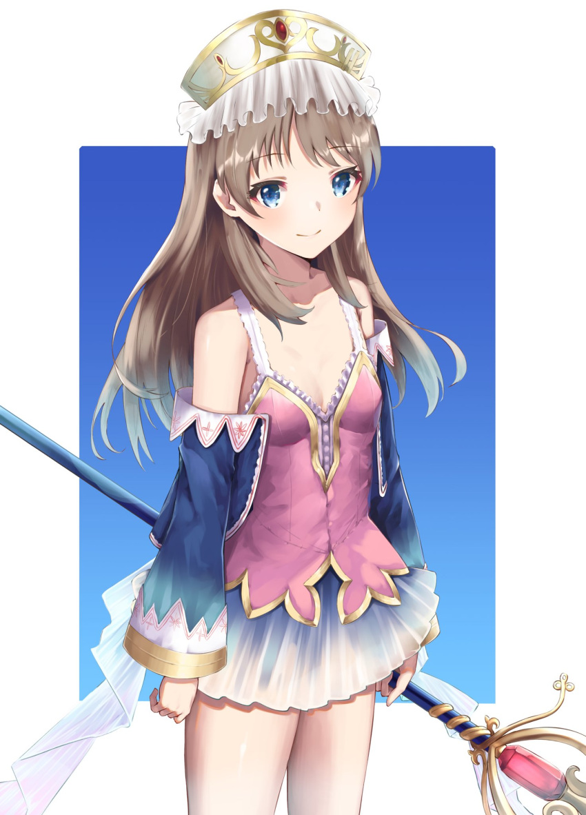 1girl atelier_(series) atelier_totori bao_(s_888) bare_shoulders blue_eyes blue_sleeves breasts brown_hair closed_mouth detached_sleeves dress hat highres long_hair skirt smile solo staff totooria_helmold