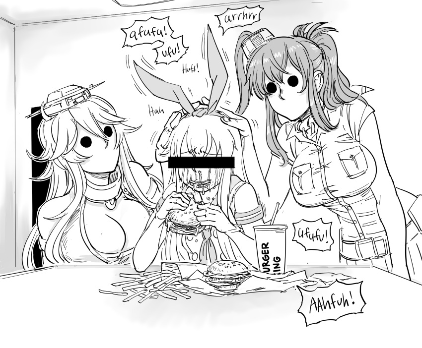 2girls bar_censor bb_(baalbuddy) blank_room_soup breast_pocket burger burger_king censored crop_top crying cup disposable_cup eating elbow_gloves english_commentary english_text fast_food fingerless_gloves food french_fries gloves hand_on_another's_head highres iowa_(kancolle) kantai_collection long_hair miniskirt monochrome multiple_girls pocket ponytail rensouhou-chan saratoga_(kancolle) school_uniform serafuku shimakaze_(kancolle) side_ponytail skirt smokestack smokestack_hair_ornament sound_effects thighhighs