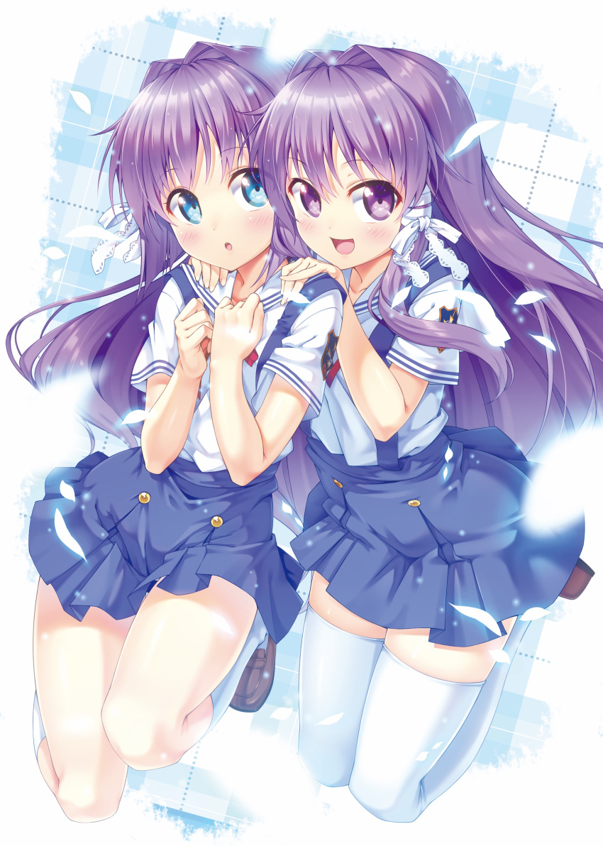 absurdres badge blue_eyes blue_skirt bob_cut clannad commentary_request cowboy_shot fujibayashi_kyou fujibayashi_ryou hair_intakes hair_ribbon highres hikarizaka_private_high_school_uniform ichi_makoto long_hair looking_at_viewer pleated_skirt purple_eyes purple_hair ribbon school_uniform shirt short_hair siblings sisters skirt suspenders thighhighs twins white_legwear white_shirt