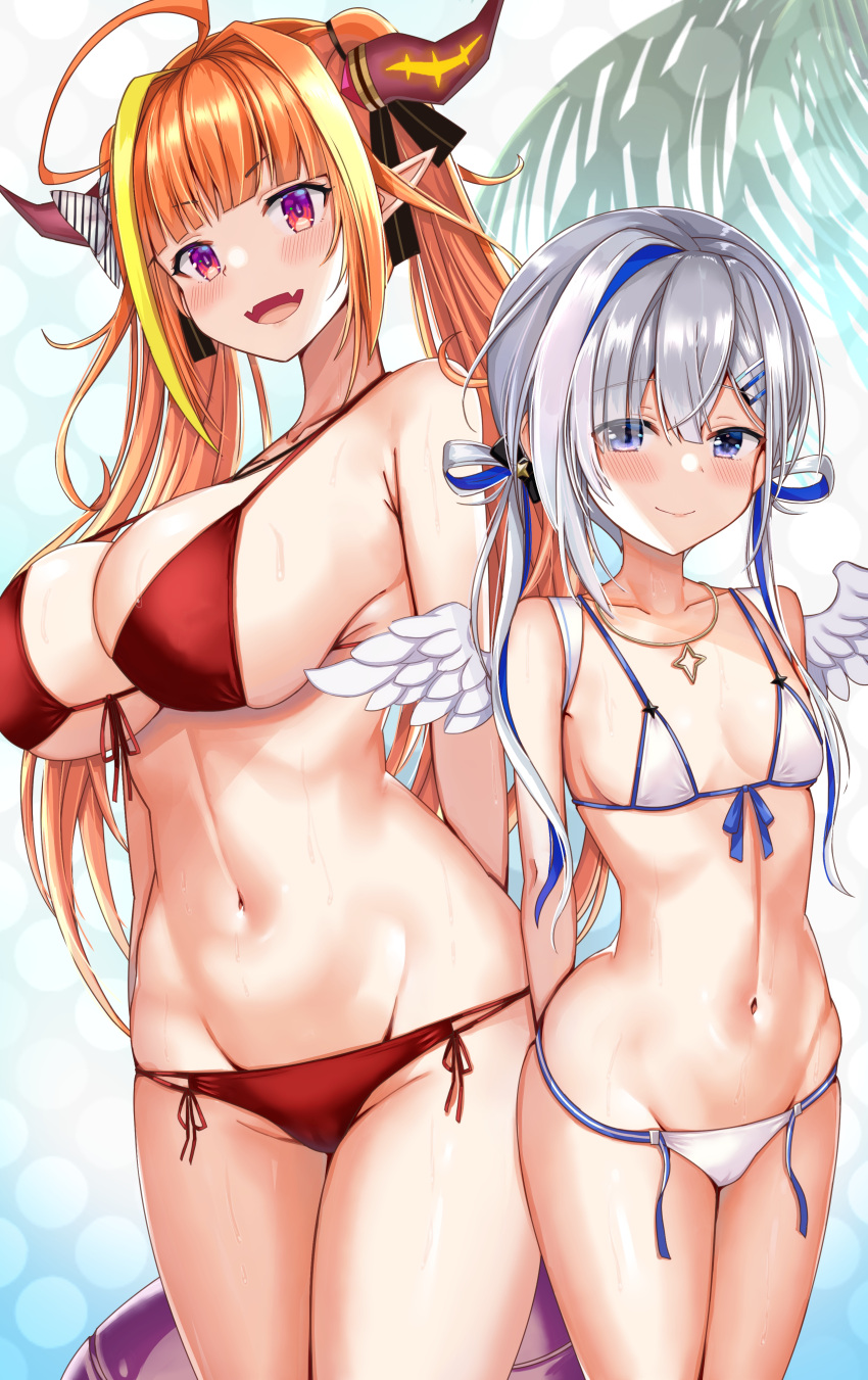 2girls absurdres ahoge amane_kanata angel_wings arms_behind_back bangs bikini black_ribbon blonde_hair blue_hair blunt_bangs bow breasts cameltoe colored_inner_hair crossed_bangs dragon_girl dragon_horns drawstring eyebrows_visible_through_hair eyes_visible_through_hair fang fangs feathered_wings front-tie_bikini front-tie_top gradient_eyes hair_over_one_eye hair_ribbon hair_rings hairband halo highres hololive horn_bow horn_ornament horns jewelry kiryu_coco large_breasts long_hair looking_at_viewer mini_wings multicolored multicolored_eyes multicolored_hair multiple_girls navel necklace nootomo orange_hair pointy_ears purple_eyes red_bikini red_eyes ribbon side-tie_bikini silver_hair skin_fang skindentation small_breasts smile star_halo stomach streaked_hair sweat swimsuit tail twintails underboob very_long_hair virtual_youtuber white_bikini white_wings wings