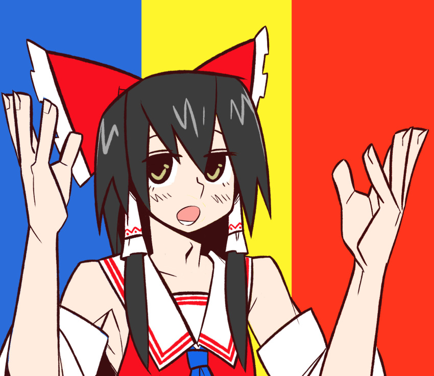 1boy arms_up atama_gapaan bangs black_hair blue_background blue_neckwear bow commentary_request cookie_(touhou) detached_sleeves frilled_bow frilled_hair_tubes frills hair_between_eyes hair_bow hair_tubes hakurei_reimu highres long_hair looking_at_viewer male_focus meme mugi_(cookie) multicolored multicolored_background necktie open_mouth otoko_no_ko parody red_background red_bow red_shirt scotch_(cookie) shirt sleeveless sleeveless_shirt soka_gakkai_international solo touhou upper_body white_sleeves yellow_background