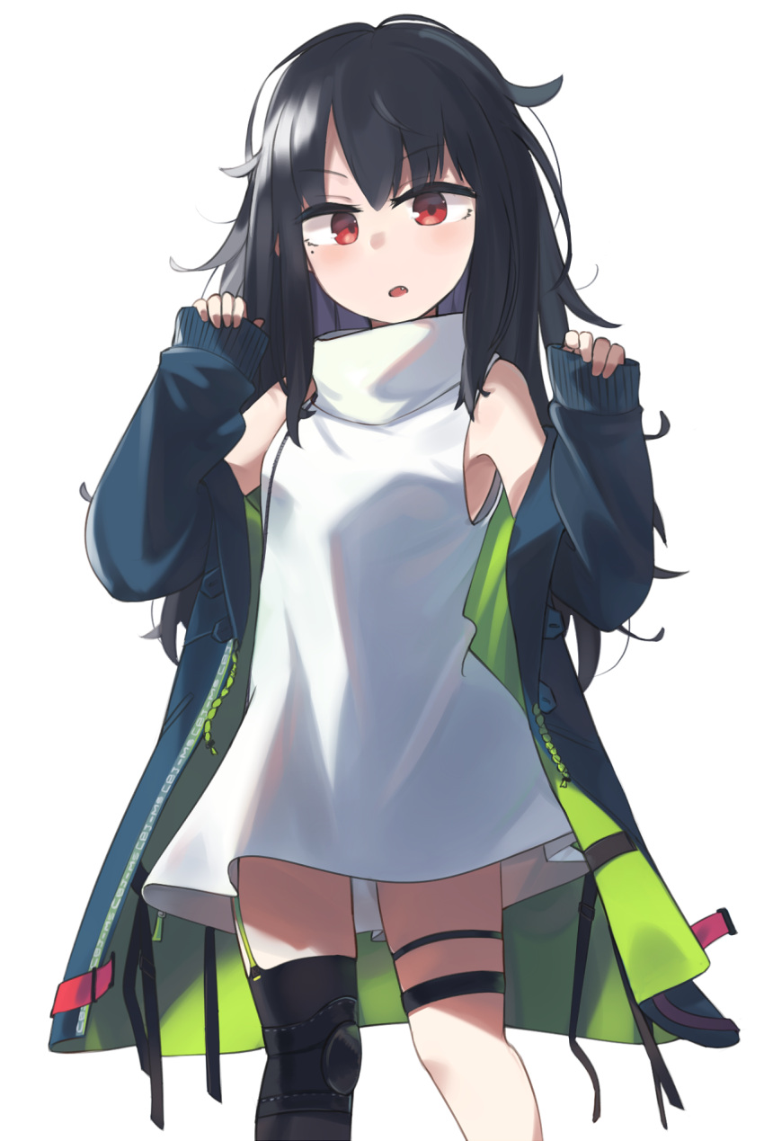 1girl :o black_hair blue_jacket blush c-ms_(girls'_frontline) eyebrows_visible_through_hair girls'_frontline highres hinami047 jacket long_hair looking_at_viewer mole mole_under_eye multicolored multicolored_clothes multicolored_jacket open_clothes open_jacket open_mouth red_eyes shirt solo standing white_background white_shirt