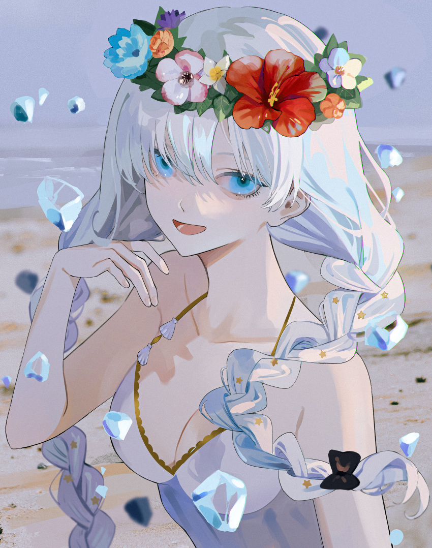 1girl absurdres anastasia_(fate) anastasia_(swimsuit_archer)_(fate) bangs bare_shoulders beach blue_eyes blush bow braid breasts cleavage collarbone dress dress_swimsuit fate/grand_order fate_(series) flower_wreath hair_bow hair_over_one_eye hairband head_wreath highres huge_filesize ice large_breasts long_hair looking_at_viewer open_mouth parai0 silver_hair smile solo twin_braids very_long_hair white_dress