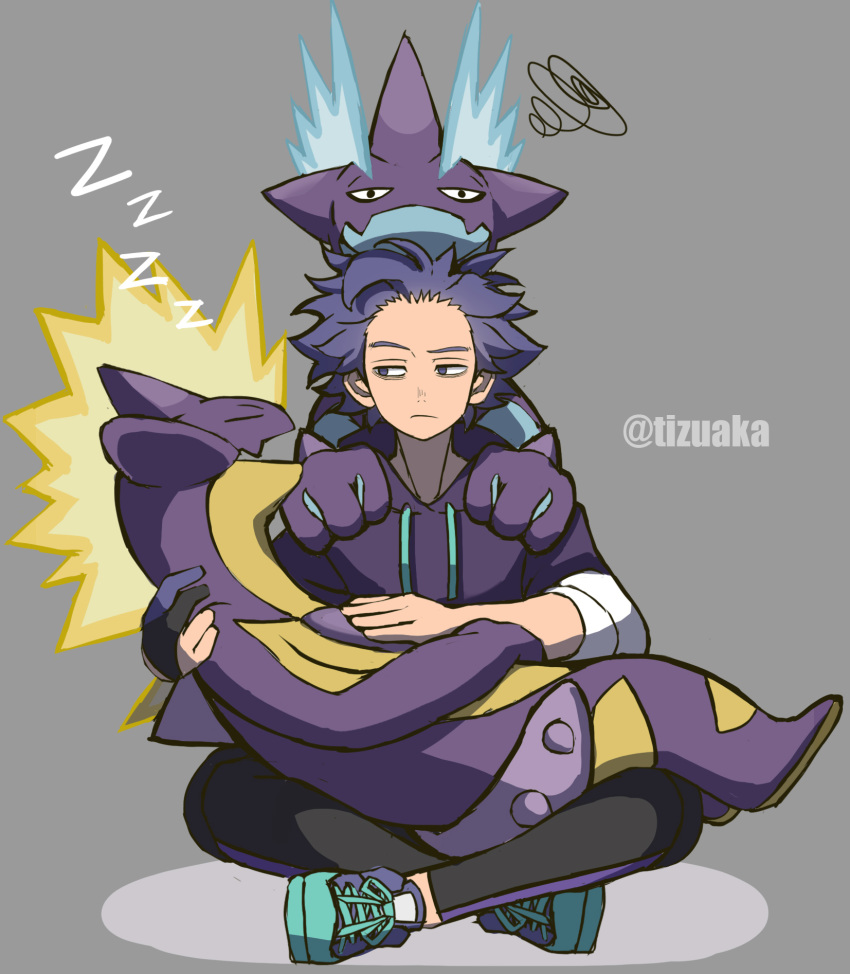 1boy black_legwear boku_no_hero_academia closed_mouth commentary_request crossover frown grey_background grey_eyes grey_footwear highres hood hoodie leggings male_focus pokemon pokemon_(creature) pokemon_on_back purple_hoodie shinsou_hitoshi shoes sitting sleeping sneakers spiked_hair squiggle tonbanlove toxtricity toxtricity_(amped) toxtricity_(low_key) zzz