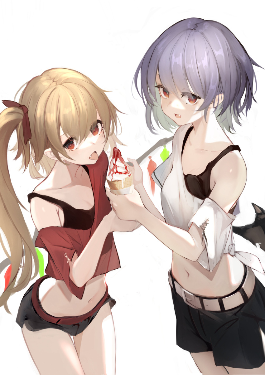 2girls absurdres bangs belt black_ribbon black_shirt black_shorts black_wings blonde_hair blue_hair brown_belt camisole commentary_request contemporary crystal demon_wings fang flandre_scarlet food hair_ribbon highres holding holding_food ice_cream_cone long_hair looking_at_viewer low_wings lumo_1121 micro_shorts midriff multiple_girls navel off-shoulder_shirt off_shoulder red_eyes red_shirt remilia_scarlet ribbon shared_food shirt short_hair short_shorts short_sleeves shorts siblings side_ponytail simple_background sisters standing tied_shirt tongue tongue_out touhou white_background white_belt white_shirt wings