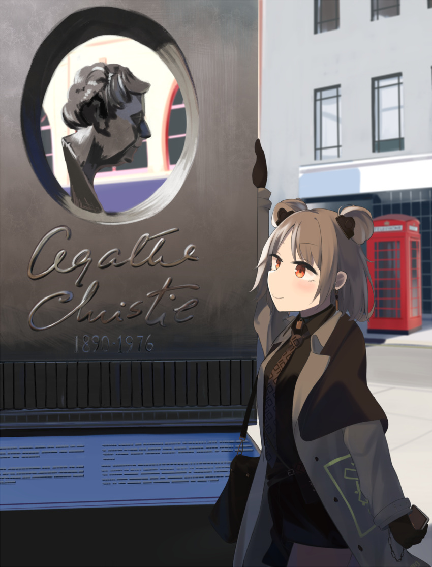 1girl bag bangs black_gloves black_shirt black_shorts brown_coat brown_neckwear cellphone closed_mouth coat double_bun earrings eyebrows_visible_through_hair girls'_frontline gloves highres hinami047 holding holding_bag holding_phone jewelry light_brown_hair lock looking_away medium_hair necktie open_clothes open_coat p90_(girls'_frontline) phone red_eyes scenery shirt shorts smartphone smile solo