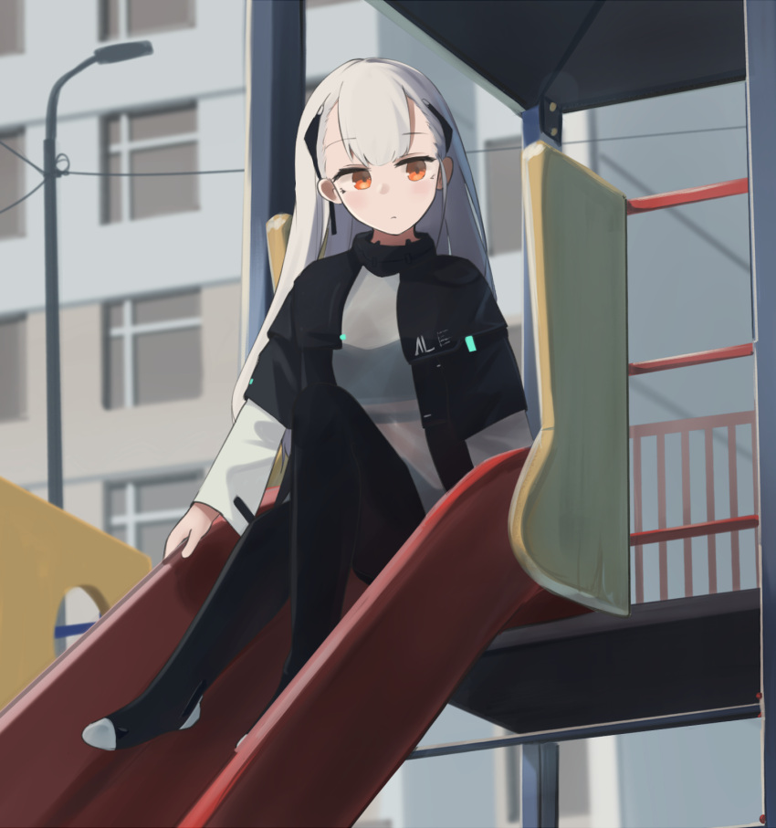 1girl ak-alfa_(girls'_frontline) bangs black_jacket black_pants closed_mouth eyebrows_visible_through_hair girls'_frontline highres hinami047 jacket long_hair looking_at_viewer no_shoes open_clothes open_jacket orange_eyes pants russia scenery silver_hair sitting solo uniform white_hair