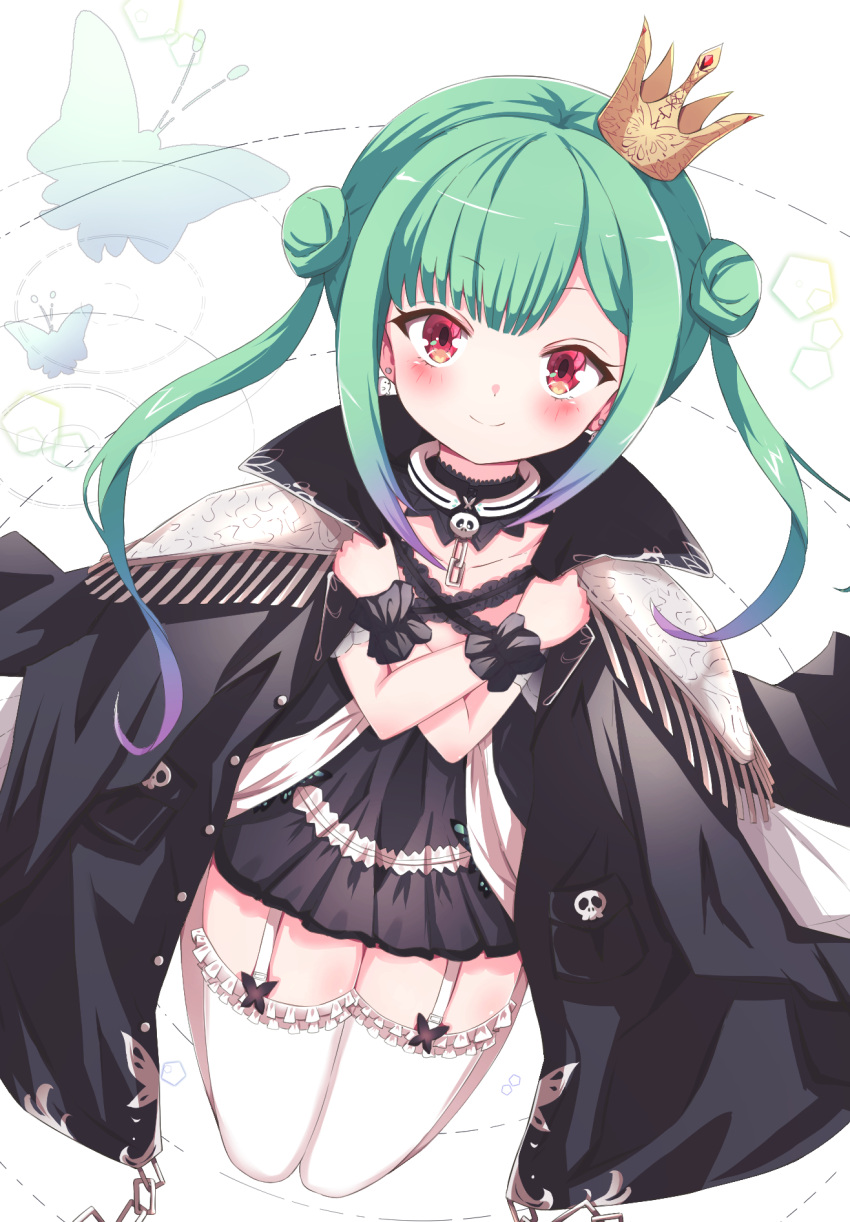 1girl asymmetrical_hair black_choker black_coat black_dress blush choker closed_mouth coat coat_on_shoulders crown double_bun dress flat_chest frilled_dress frilled_legwear frilled_straps frills from_above fumi_(fumibeing) garter_straps gradient_hair green_hair highres hololive kneeling lace lace_choker looking_at_viewer mini_crown multicolored_hair off-shoulder_dress off_shoulder popped_collar red_eyes short_dress short_sleeves sidelocks smile solo thighhighs tilted_headwear twintails uneven_twintails uruha_rushia virtual_youtuber white_garter_straps white_legwear wristband