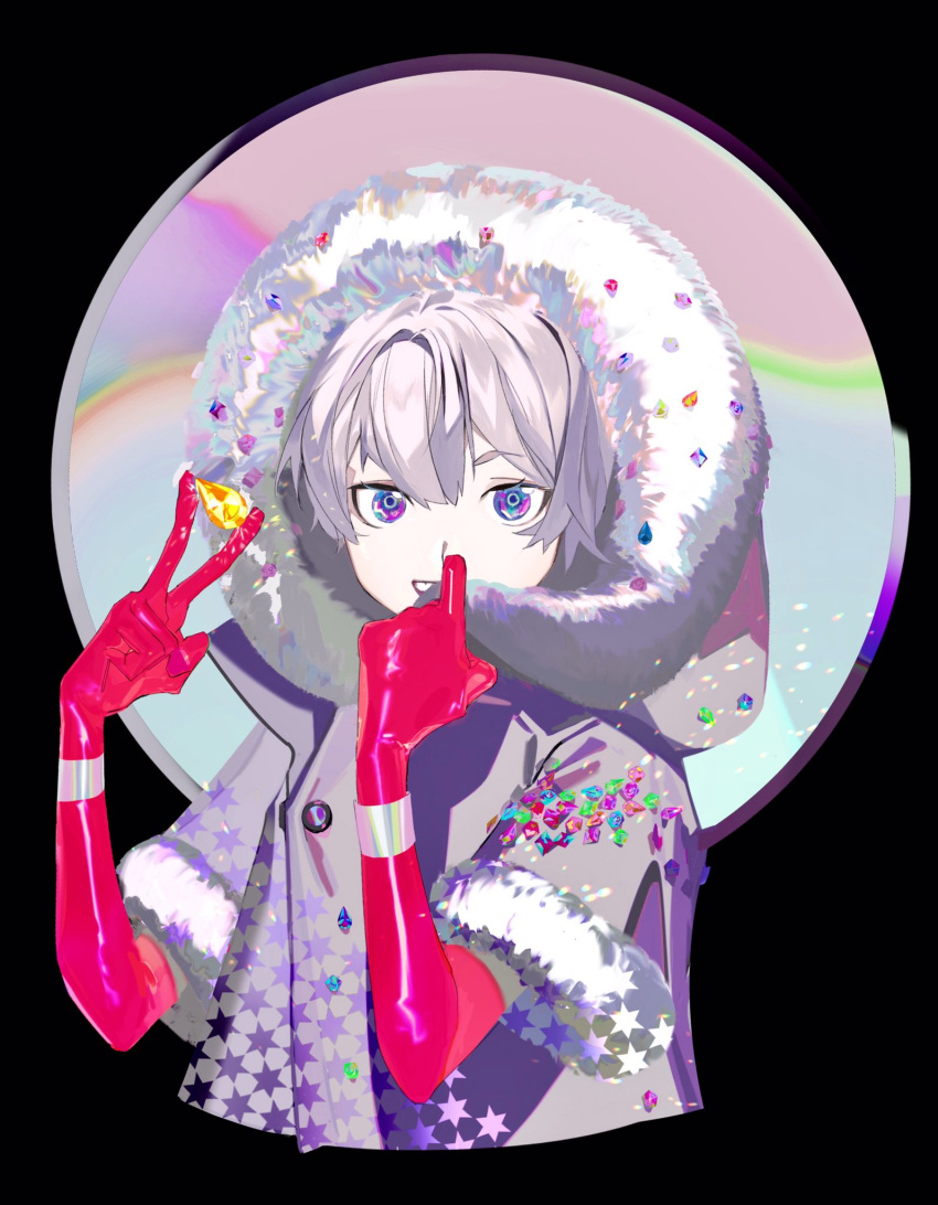 blue_eyes covered_mouth cropped_torso fur_trim gender_request gloves grey_background grey_hair hands_up highres holding_gemstone hood hood_up ka9_qq open_mouth original purple_eyes red_gloves shadow short_hair simple_background smile solo upper_body