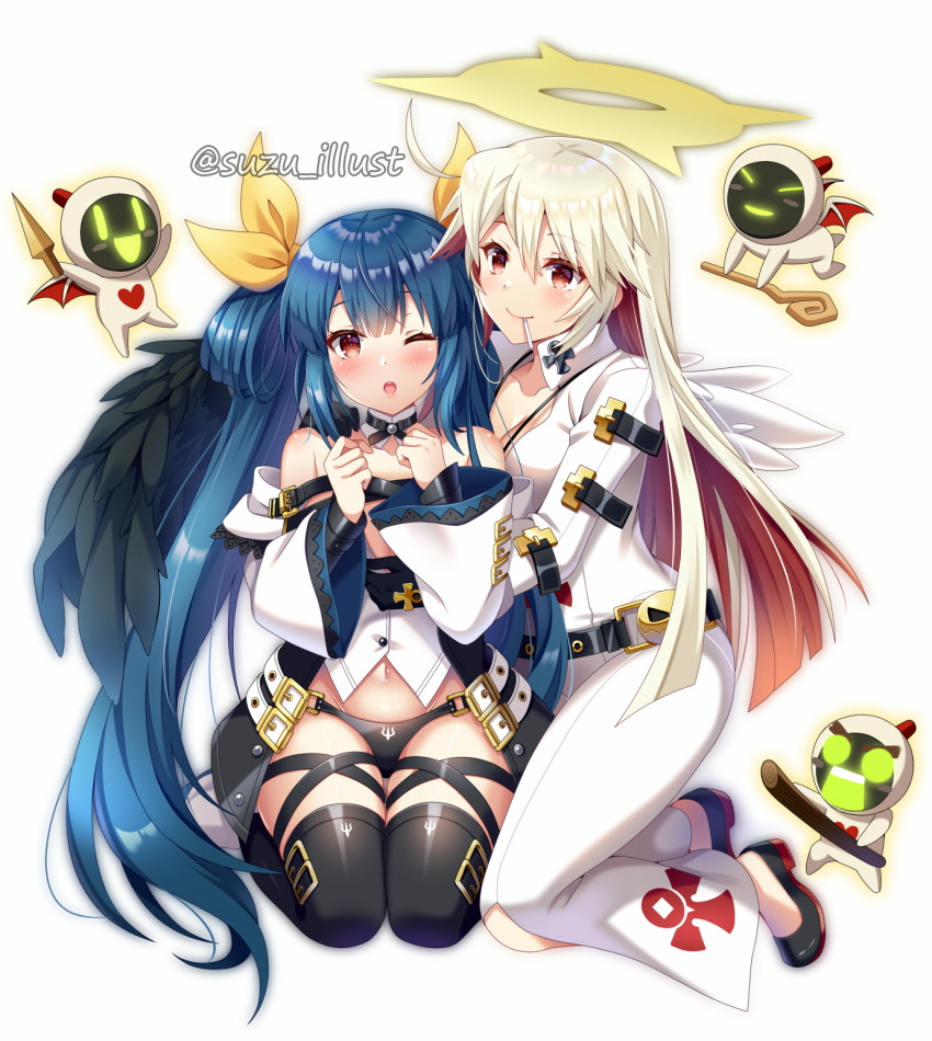 bellbottoms black_legwear blue_hair dizzy_(guilty_gear) guilty_gear guilty_gear_xrd halo heart highres hug jack-o'_valentine knight_servant lancer_servant long_hair magician_servant mother_and_daughter multicolored_hair ribbon suzumia_(daydream) thighhighs twintails two-tone_hair very_long_hair white_hair yellow_ribbon