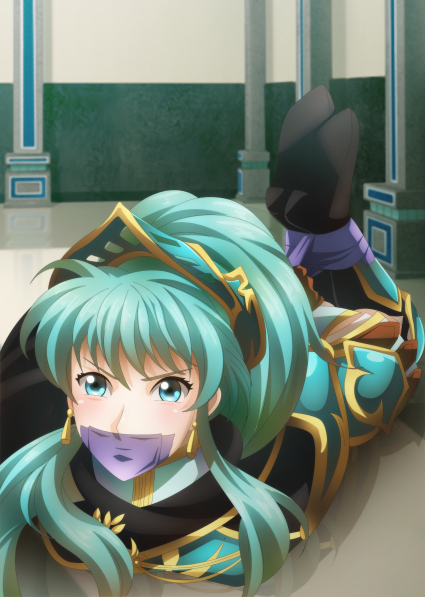 1girl absurdres alternate_costume armor blue_eyes blue_hair bound bound_ankles bound_wrists commission cosplay earrings eirika_(fire_emblem) ephraim_(fire_emblem) ephraim_(fire_emblem)_(cosplay) fire_emblem fire_emblem:_the_sacred_stones fire_emblem_heroes gag gagged highres hogtie huge_filesize improvised_gag jewelry long_hair looking_at_viewer narutorenegado01 official_alternate_costume ponytail solo tape tape_gag