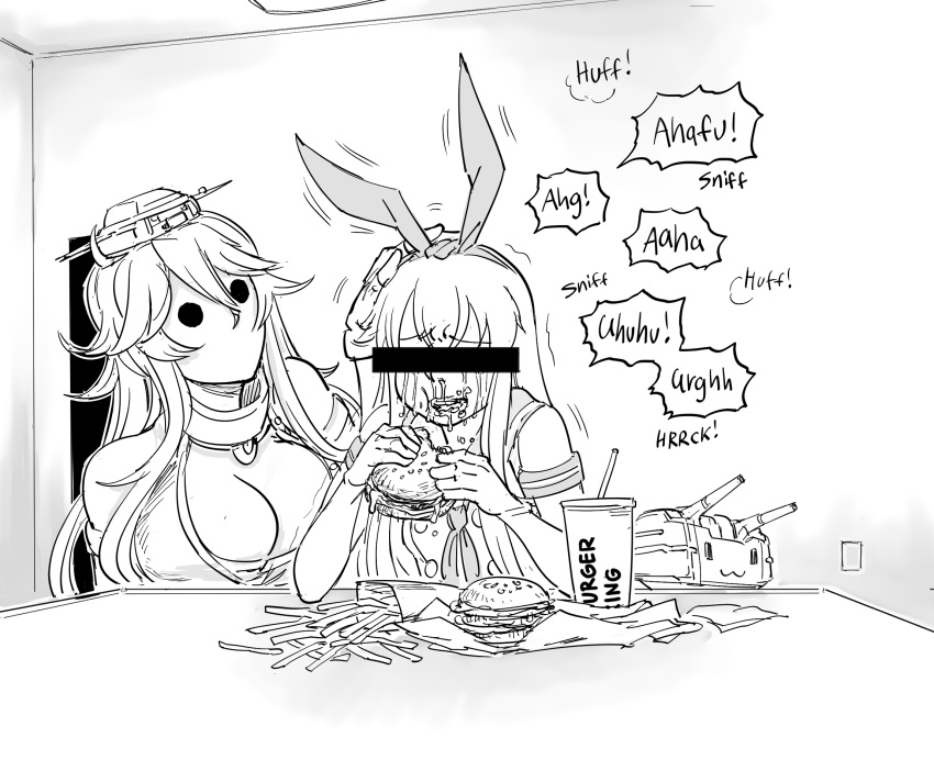 2girls bar_censor bb_(baalbuddy) blank_room_soup burger burger_king censored crop_top crying cup disposable_cup eating elbow_gloves english_commentary english_text fast_food fingerless_gloves food french_fries gloves hand_on_another's_head highres iowa_(kancolle) kantai_collection long_hair miniskirt monochrome multiple_girls rensouhou-chan school_uniform serafuku shimakaze_(kancolle) skirt sound_effects thighhighs
