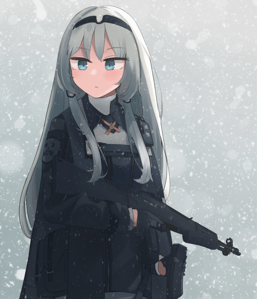 1girl an-94 an-94_(girls'_frontline) aqua_eyes assault_rifle black_gloves closed_mouth eyebrows_visible_through_hair feet_out_of_frame girls'_frontline gloves gun hair_ornament hairband hairclip highres hinami047 holding holding_weapon long_hair looking_at_viewer platinum_blonde_hair rifle snowflake_background snowflakes solo standing uniform weapon