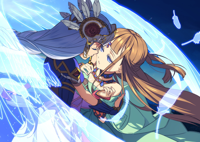 2girls armor armored_dress blue_armor blue_eyes braid brown_hair closed_eyes face-to-face feathers hand_on_another's_back hand_on_another's_cheek hand_on_another's_face helmet highres lenneth_valkyrie long_hair looking_at_another multiple_girls shiho_(valkyrie_profile) shoulder_armor silver_hair valkyrie valkyrie_profile winged_helmet wings yunde_(twez3727) yuri