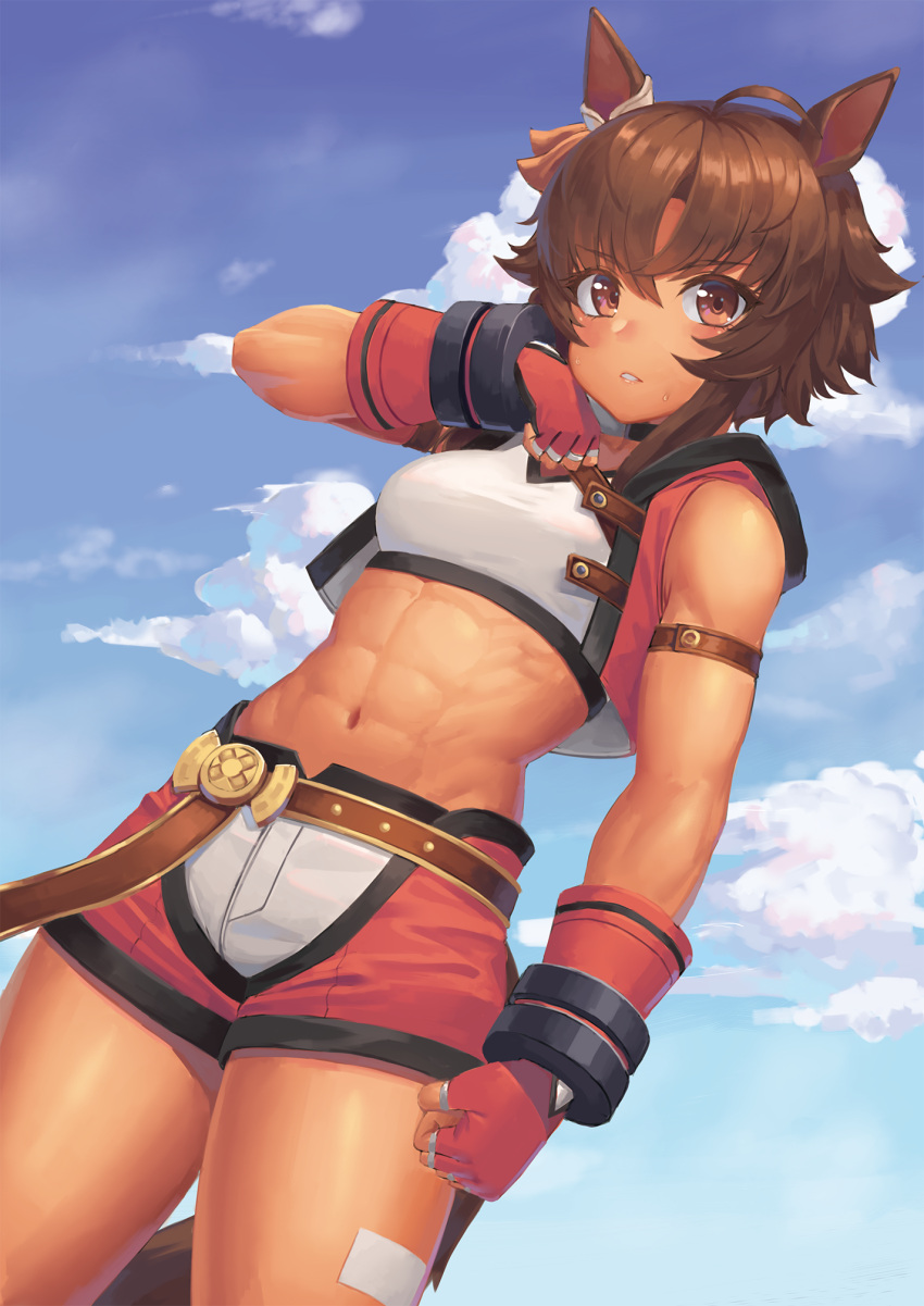 1girl abs ahoge animal_ears arm_belt bangs bare_shoulders belt bitter_glasse_(umamusume) blue_sky blush breasts brown_belt brown_eyes brown_hair cloud collarbone commentary_request cowboy_shot dark-skinned_female dark_skin day ear_bow ear_ornament eyebrows_visible_through_hair fingerless_gloves gloves hair_between_eyes hand_up highres hood hood_down hooded_jacket horse_ears horse_girl horse_tail jacket layered_clothing looking_at_viewer midriff navel parted_lips partial_commentary ranma_(kamenrideroz) red_gloves red_jacket red_shorts short_hair short_shorts shorts sidelocks sky sleeveless sleeveless_jacket small_breasts solo sports_bra standing sweat tail umamusume white_shorts white_sports_bra