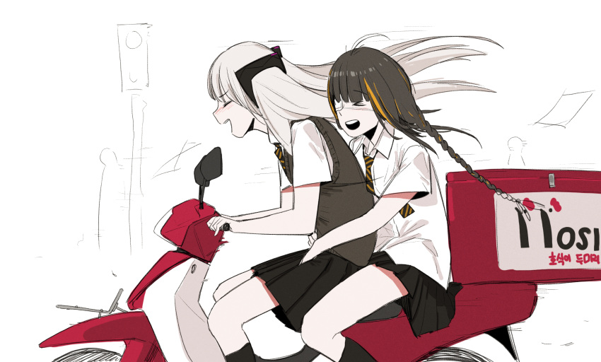 2girls :d ahoge beak_(girls'_frontline) black_skirt blush braid collared_shirt driving eyebrows_visible_through_hair from_side girls'_frontline grey_hair ground_vehicle highres huqu korean_text long_hair m16a1_(girls'_frontline) miniskirt motor_vehicle multiple_girls necktie open_mouth pleated_skirt profile school_uniform scooter shirt short_sleeves simple_background skirt smile striped striped_neckwear sweater_vest twintails white_background white_shirt wing_collar