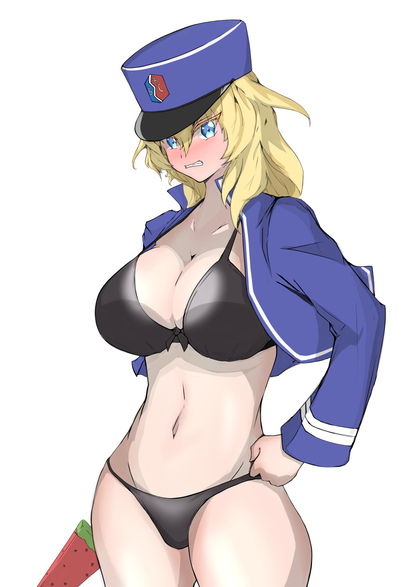 1girl absurdres bangs bc_freedom_(emblem) bc_freedom_military_uniform bikini black_bikini blonde_hair blue_eyes blue_headwear blue_jacket blush bow bow_bikini breasts cleavage commentary_request cowboy_shot emblem food frown girls_und_panzer glaring grimace groin hand_on_hip hat highres holding holding_food jacket kepi large_breasts long_sleeves looking_at_viewer medium_hair messy_hair military military_hat military_uniform navel oshida_(girls_und_panzer) partial_commentary popsicle shibainutank simple_background solo standing swimsuit uniform watermelon_bar white_background