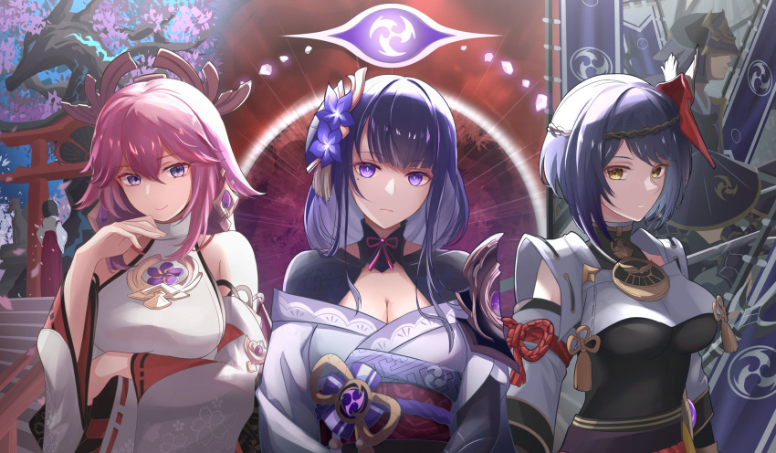 3others 4girls animal_ears armor aura bangs black_bodysuit black_hair blunt_bangs bodysuit bow bowtie breast_hold breasts cherry_blossoms cleavage commentary_request detached_collar detached_sleeves earrings eyebrows_visible_through_hair fox_ears genshin_impact hair_between_eyes hand_on_own_chin highres japanese_clothes jewelry kazari_(genshin_impact) kujou_sara long_hair looking_at_viewer mask mask_on_head miko mon-chan multiple_girls multiple_others obi pink_hair purple_eyes purple_hair raiden_shogun rope sash shimenawa shogunate_samurai_(genshin_impact) short_hair shoulder_armor sidelocks tengu_mask torii vision_(genshin_impact) wide_sleeves yae_(genshin_impact) yellow_eyes