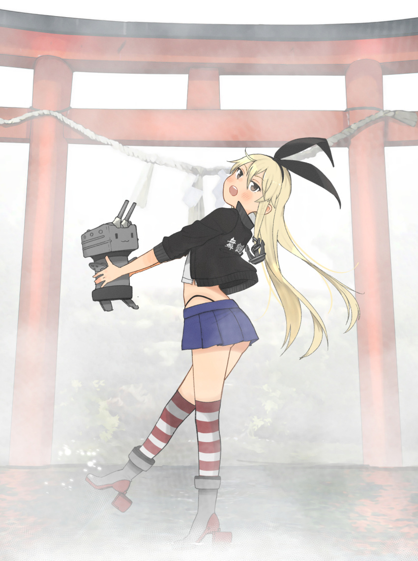 1girl arched_back black_hairband black_jacket black_panties blonde_hair blue_skirt commentary_request crop_top elbow_gloves fog full_body gloves grey_eyes hairband highleg highleg_panties highres jacket kantai_collection kitsuneno_denpachi long_hair looking_at_viewer microskirt midriff miniskirt open_mouth panties pleated_skirt rensouhou-chan round_teeth shimakaze_(kancolle) skirt striped striped_legwear teeth thighhighs torii underwear upper_teeth white_gloves