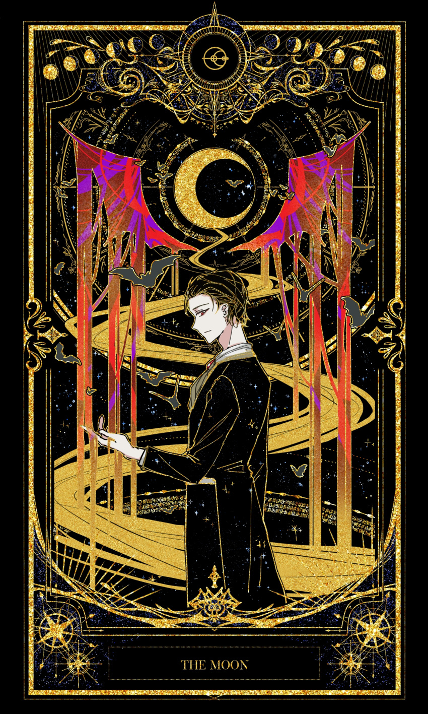 1boy absurdres bat bat_wings black_hair black_suit bleeding blood brooch brown_neckwear ears emlyn_white hand_up highres jewelry looking_at_viewer looking_to_the_side lord_of_the_mysteries moon moon_phases moon_print red_eyes short_hair solo star_(sky) star_(symbol) symbol symbolism tarot tarot_arcana the_moon_(tarot) vampire wings yubing156