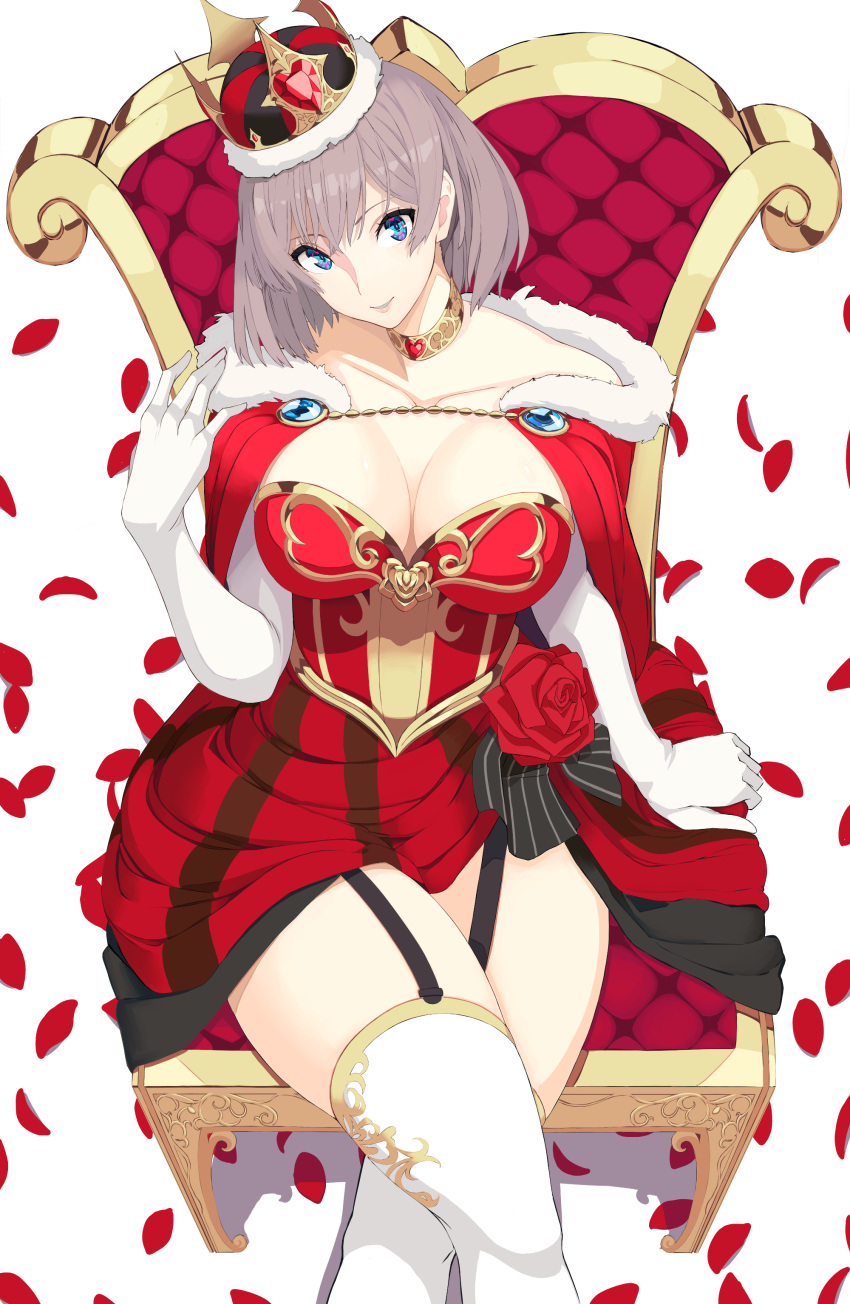 1girl absurdres alternate_costume bangs blue_eyes breasts cape cleavage collarbone crossed_legs crown dress elbow_gloves fur-trimmed_cape fur_trim garter_straps gloves gridman_universe highres large_breasts light_brown_hair looking_at_viewer mujina petals red_cape reibun_(raven1119) rose_petals simple_background sitting smile solo ssss.dynazenon strapless strapless_dress thick_thighs thighhighs thighs throne white_background white_gloves white_legwear
