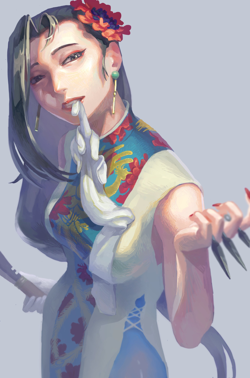 1girl absurdres biting biting_clothes black_hair black_lagoon brown_eyes china_dress chinese_clothes dress earrings gloves hair_ornament highres holding holding_weapon jewelry knife kukri long_hair makeup seven_tai_three shenhua solo throwing_knife weapon white_gloves