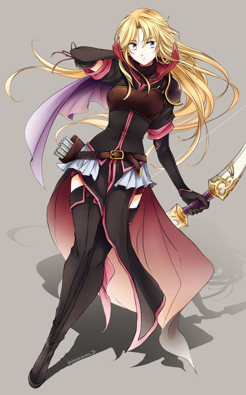 1girl absurdres armor black_footwear black_gloves black_legwear blonde_hair blue_eyes boots bow_(weapon) breastplate clarisse_(fire_emblem) elbow_gloves fire_emblem fire_emblem:_new_mystery_of_the_emblem full_body gloves highres holding holding_bow_(weapon) holding_weapon long_hair miniskirt quiver shadow shirokuroma_29 shirt short_sleeves skirt solo thigh_boots thighhighs twitter_username weapon white_skirt zettai_ryouiki