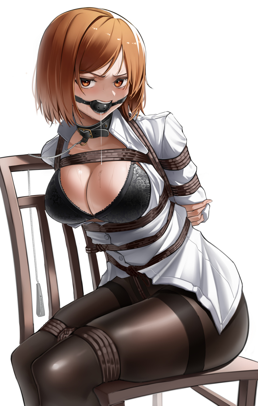 1girl absurdres angry ball_gag bdsm black_bra black_legwear bob_cut bondage bound bound_arms bound_legs bra breast_bondage chain chained chair collar crotch_rope en_shirt food fruit gag harris_hero highres jujutsu_kaisen kugisaki_nobara leather_collar lingerie orange_(fruit) orange_eyes orange_hair pantyhose restrained saliva shibari shibari_over_clothes shirt short_hair solo thighband_pantyhose tied_to_chair underwear white_shirt