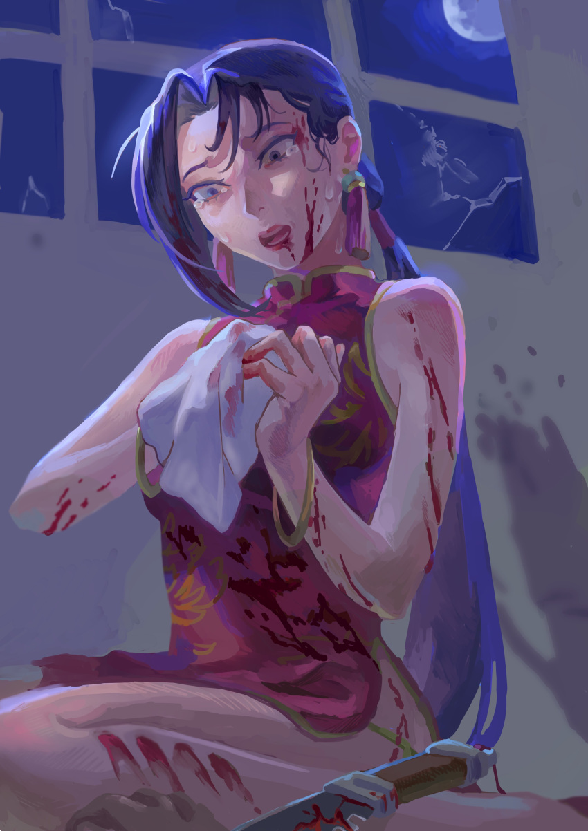 1girl absurdres black_hair black_lagoon blood blood_on_clothes blood_on_face blood_on_hands blood_on_weapon blood_stain brown_eyes china_dress chinese_clothes dress highres knife kukri long_hair moon seven_tai_three shenhua solo weapon