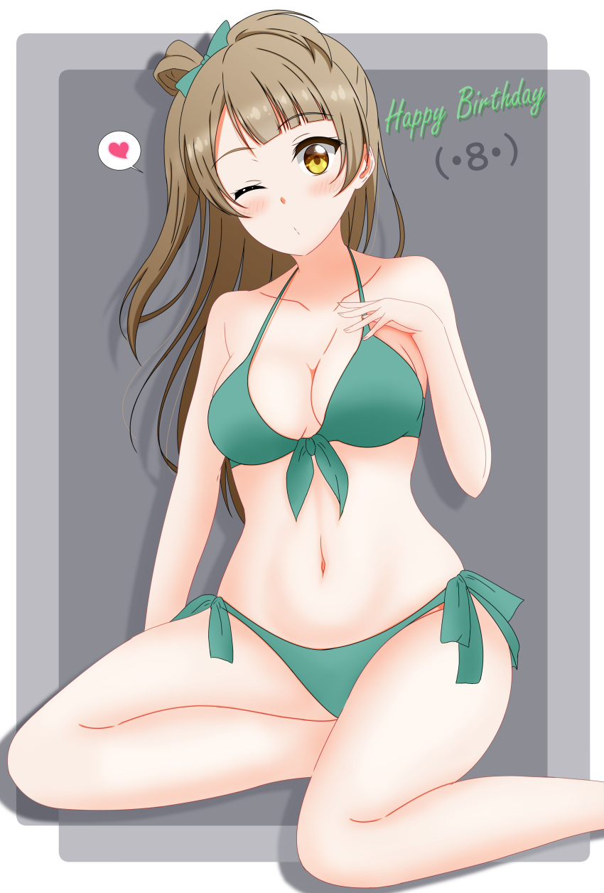 1girl absurdres bikini breasts brown_eyes brown_hair cleavage commentary_request green_bikini grey_background happy_birthday heart highres long_hair looking_at_viewer love_live! minami_kotori miya_anko multicolored multicolored_background one_eye_closed one_side_up side-tie_bikini sitting solo spoken_heart swimsuit yokozuwari