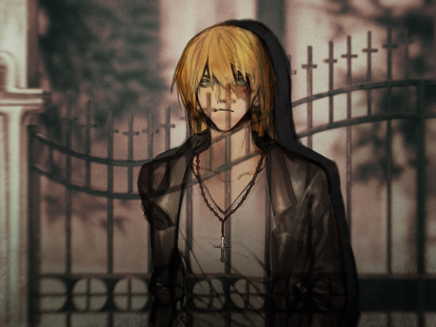 1boy bangs black_jacket blonde_hair blue_eyes burn_scar cross death_note fence highres jacket leather leather_jacket male_focus medium_hair mello mvrl orphanage scar scar_on_face shirt short_hair solo