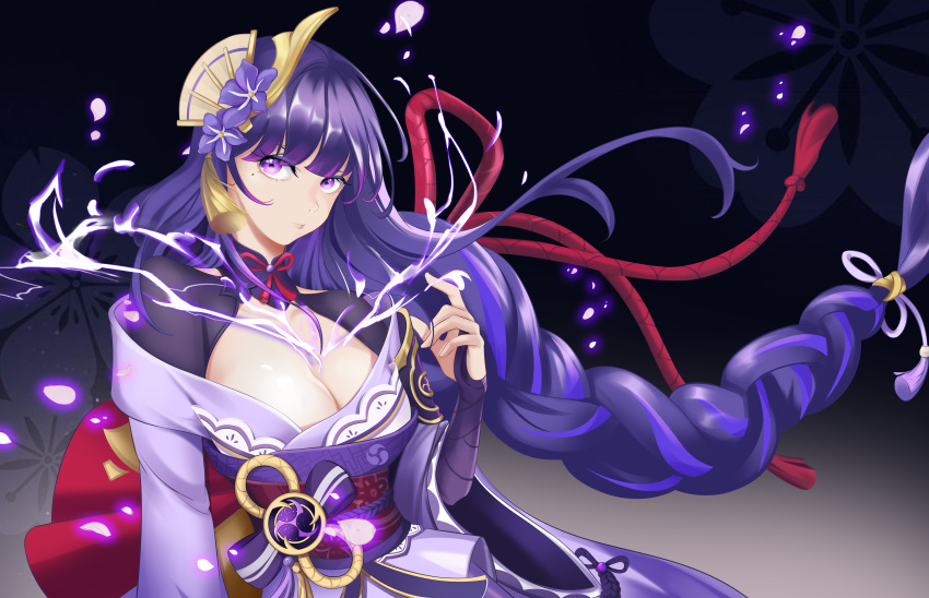 1girl absurdres armor bangs braid breasts bridal_gauntlets cleavage closed_mouth commentary electricity english_commentary floral_print flower genshin_impact hair_ornament highres japanese_clothes kimono large_breasts long_hair long_sleeves looking_at_viewer mitsudomoe_(shape) mole mole_under_eye obi obiage obijime purple_eyes purple_flower purple_hair raiden_shogun ribbon sash shoulder_armor simple_background solo tassel tomoe_(symbol) tutanigi1901 wide_sleeves