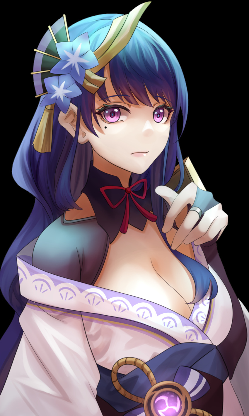 1girl bangs black_background braid breasts bridal_gauntlets cleavage closed_mouth commentary_request eyebrows_visible_through_hair flower genshin_impact hair_ornament highres japanese_clothes kimono large_breasts long_hair long_sleeves looking_at_viewer mole mole_under_eye obi obiage ojiki purple_eyes purple_flower purple_hair raiden_shogun ribbon sash solo tassel wide_sleeves