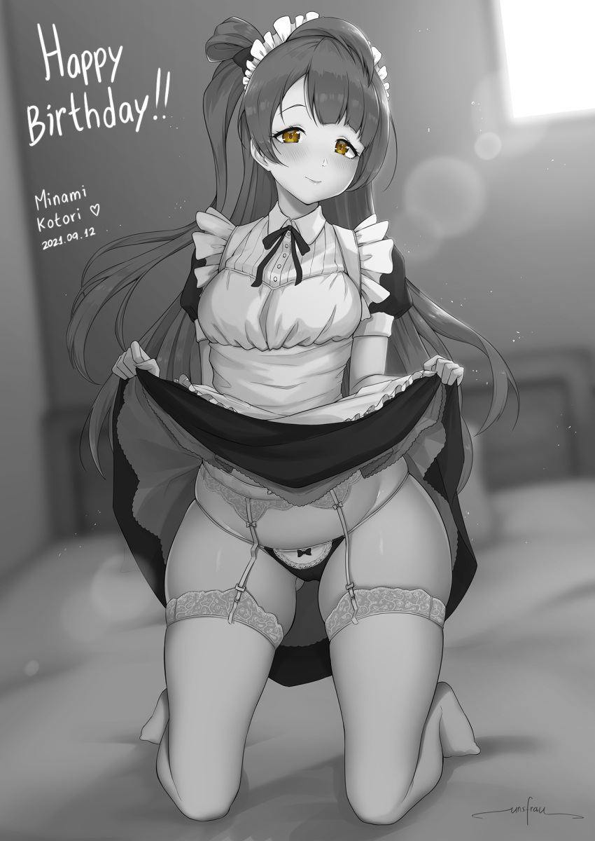 1girl ass_visible_through_thighs bed blush bow bow_panties brown_eyes clothes_lift dated dress dress_lift garter_belt garter_straps greyscale hands highres kneeling light_particles long_hair looking_at_viewer love_live! maid maid_headdress minami_kotori monochrome one_side_up panties solo thighhighs thighs underwear unsfrau window