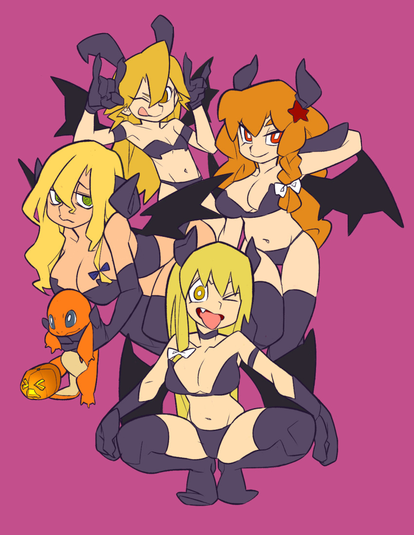&gt;_&lt; 4girls :q \m/ alternate_costume azusa_(cookie) bandeau bangs black_bra black_legwear black_panties blonde_hair blue_bow bow bra braid breasts bright_pupils brown_eyes charmander closed_mouth commentary cookie_(touhou) curled_horns demon_girl demon_horns demon_wings fang full_body green_eyes hair_between_eyes hair_bow highres horns jack-o'-lantern kirisame_marisa large_breasts long_hair looking_at_viewer mars_(cookie) multiple_girls one_eye_closed open_mouth orange_hair panties pokemon pumpkin red_eyes red_star rei_(cookie) scotch_(cookie) side_braid simple_background single_braid small_breasts smile squatting star_(symbol) thighhighs tongue tongue_out touhou underwear uzuki_(cookie) white_bow white_pupils wings yellow_eyes